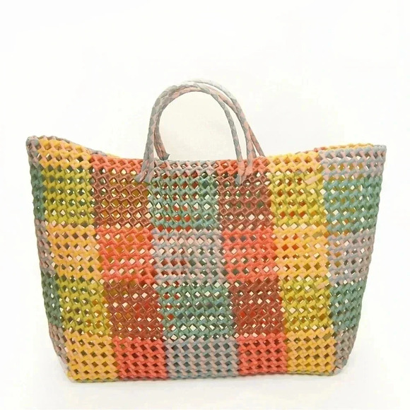Vintage Multicolour Woven Plaid Check Weaved Retro Purse Tote Bag - Picture 1 of 6